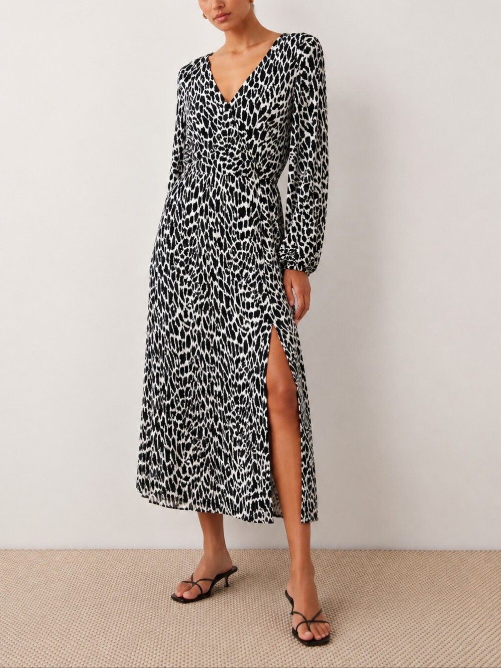 ASOS Plissé Pleats Faux Wrap Long Sleeve Midi Dress in Black & White Leopard